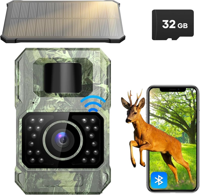 Assark Solar Trail Camera 48MP 30FPS, WiFi Bluetooth Game Camera with Motion Activated 0.2s Trigger, Night Vision Motion Activated IP66 Waterproof for Wildlife Scouting with 32GB Micro SD Card - Image 1